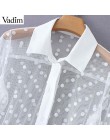 Vadim kobiety stylowe polka dot patchwork przezroczyste midi koszula sukienka z długim rękawem kobiet chic sexy mesh sukienki ve