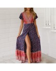 2019 lato kobiety kwiatowy Print Boho sukienka Sexy dekolt w serek wysoka podziel plaża długa sukienka na co dzień z krótkim ręk