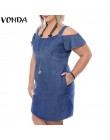 VONDA kobiety na co dzień Denim Mini sukienka 2019 lato kobiet Sexy Off ramię O Neck krótki rękaw stałe Plus rozmiar Ruffles ves