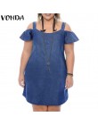 VONDA kobiety na co dzień Denim Mini sukienka 2019 lato kobiet Sexy Off ramię O Neck krótki rękaw stałe Plus rozmiar Ruffles ves