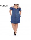 VONDA kobiety na co dzień Denim Mini sukienka 2019 lato kobiet Sexy Off ramię O Neck krótki rękaw stałe Plus rozmiar Ruffles ves