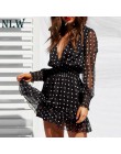 NLW w stylu Vintage dekolt w serek z długim rękawem sukienka biały Polka Dot czarna sukienka kobiety 2019 lato Casual Lace Mesh 