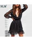 NLW w stylu Vintage dekolt w serek z długim rękawem sukienka biały Polka Dot czarna sukienka kobiety 2019 lato Casual Lace Mesh 