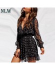 NLW w stylu Vintage dekolt w serek z długim rękawem sukienka biały Polka Dot czarna sukienka kobiety 2019 lato Casual Lace Mesh 