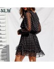 NLW w stylu Vintage dekolt w serek z długim rękawem sukienka biały Polka Dot czarna sukienka kobiety 2019 lato Casual Lace Mesh 