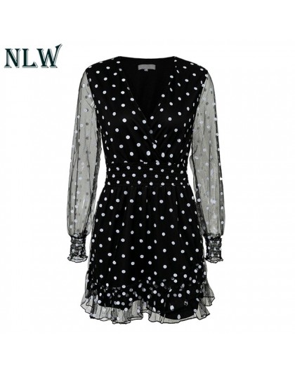 NLW w stylu Vintage dekolt w serek z długim rękawem sukienka biały Polka Dot czarna sukienka kobiety 2019 lato Casual Lace Mesh 