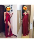 Sexy Backless rozporek z przodu lato piętro długość sukienka głębokie V szyi sukienka na imprezę czerwona satyna bez rękawów, wy