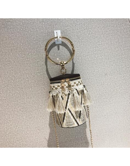 2018 moda lato nowa torebka wysokiej jakości słomy torba torba kobieca okrągły torba na drobiazgi ręcznie metalowy pierścień łań