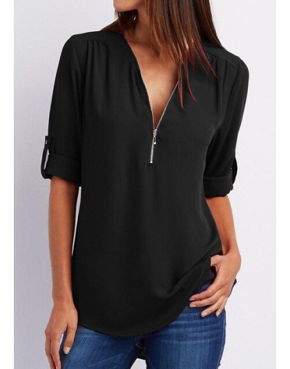 Lato koszula kobiety szyfonowa bluzka Casual z długim rękawem Top Sexy Zipper głębokie V Neck kobiety bluzki koszule Blusa Mujer