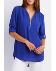 Lato koszula kobiety szyfonowa bluzka Casual z długim rękawem Top Sexy Zipper głębokie V Neck kobiety bluzki koszule Blusa Mujer