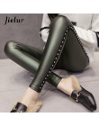 Jielur nowe zimowe polarowe matowe PU skórzane legginsy kobiety modne nity Push Up ołówek spodnie 4 kolory S-XXXL Slim Lady legg