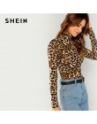 SHEIN brązowy Highstreet biuro pani wysoka Neck Leopard Print wyposażone swetry z długim rękawem Tee 2018 jesień na co dzień kob