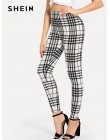 SHEIN czarny i biały urząd Lady Highstreet Plaid chude wysokiej talii na co dzień legginsy lato kobiety eleganckie spodnie leggi