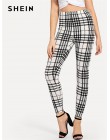 SHEIN czarny i biały urząd Lady Highstreet Plaid chude wysokiej talii na co dzień legginsy lato kobiety eleganckie spodnie leggi