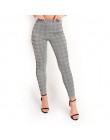 2018 kobiety Houndstooth legginsy wysoka talia boczne pasek chusta spodnie legginsy spodnie skinny fit Houndstooth ołówek spodni