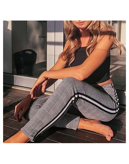 2018 kobiety Houndstooth legginsy wysoka talia boczne pasek chusta spodnie legginsy spodnie skinny fit Houndstooth ołówek spodni