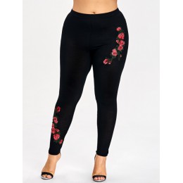 Rosegal Plus rozmiar haft kwiatowy legginsy spodnie damskie legginsy elastyczne spodnie Fitness Jeggings ołówek spodnie damskie 