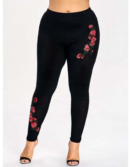 Rosegal Plus rozmiar haft kwiatowy legginsy spodnie damskie legginsy elastyczne spodnie Fitness Jeggings ołówek spodnie damskie 