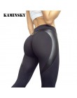 Kobiety wysoka talia czarne legginsy Push Up Sexy Hip Patchwork spodnie skórzane kulturystyka odzież sportowa legginsy damskie j