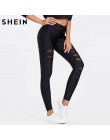 SHEIN czarne legginsy kobiety Mesh wkładka zgrywanie legginsy w połowie pasa dorywczo lato wiosna Soild fitness legginsy spodnie