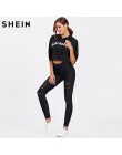 SHEIN czarne legginsy kobiety Mesh wkładka zgrywanie legginsy w połowie pasa dorywczo lato wiosna Soild fitness legginsy spodnie