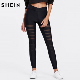 SHEIN czarne legginsy kobiety Mesh wkładka zgrywanie legginsy w połowie pasa dorywczo lato wiosna Soild fitness legginsy spodnie