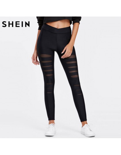 SHEIN czarne legginsy kobiety Mesh wkładka zgrywanie legginsy w połowie pasa dorywczo lato wiosna Soild fitness legginsy spodnie