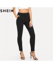 SHEIN elastyczny pas czarne paski w połowie talii spodnie skinny Fit jesień urząd Lady elegancki Slim Fit pionowe kobiety ołówek