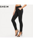 SHEIN elastyczny pas czarne paski w połowie talii spodnie skinny Fit jesień urząd Lady elegancki Slim Fit pionowe kobiety ołówek