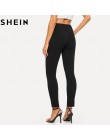 SHEIN elastyczny pas czarne paski w połowie talii spodnie skinny Fit jesień urząd Lady elegancki Slim Fit pionowe kobiety ołówek