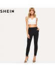 SHEIN elastyczny pas czarne paski w połowie talii spodnie skinny Fit jesień urząd Lady elegancki Slim Fit pionowe kobiety ołówek