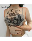 Sweetown z siatki Harajuku Crop Top z długim rękawem T koszula kobiety Kawaii smoka koszulki z nadrukami Sexy przepuszczalność z