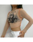 Sweetown z siatki Harajuku Crop Top z długim rękawem T koszula kobiety Kawaii smoka koszulki z nadrukami Sexy przepuszczalność z