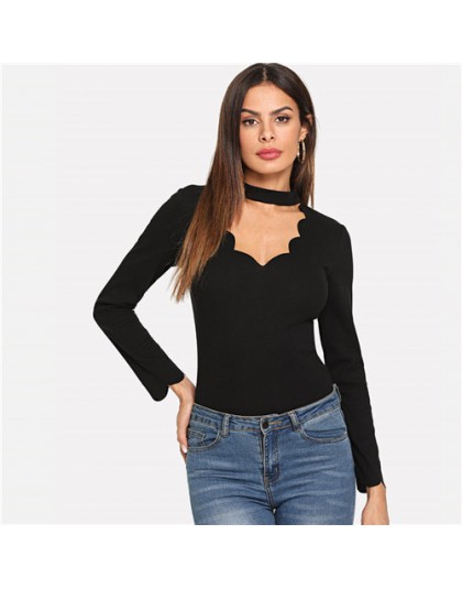 SHEIN czarny odzież robocza elegancki muszelka wykończenia stałe V Neck z długim rękawem Skinny Tee 2018 nowy jesień minimalisty