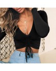 Forefair V Neck Sexy z długim rękawem Crop topy kobiety jesień Ruched koronki Up koszulka casual koszula czarne zimowe koszule d