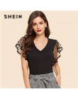 SHEIN w stylu Vintage czarny Dot kontrast Mesh rękaw, dekolt V zwykły Tee koszulka damska lato elegancki solidna z krótkim rękaw