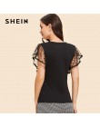 SHEIN w stylu Vintage czarny Dot kontrast Mesh rękaw, dekolt V zwykły Tee koszulka damska lato elegancki solidna z krótkim rękaw