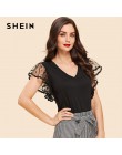 SHEIN w stylu Vintage czarny Dot kontrast Mesh rękaw, dekolt V zwykły Tee koszulka damska lato elegancki solidna z krótkim rękaw