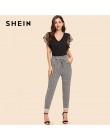 SHEIN w stylu Vintage czarny Dot kontrast Mesh rękaw, dekolt V zwykły Tee koszulka damska lato elegancki solidna z krótkim rękaw