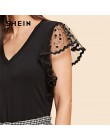 SHEIN w stylu Vintage czarny Dot kontrast Mesh rękaw, dekolt V zwykły Tee koszulka damska lato elegancki solidna z krótkim rękaw