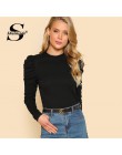 Sheinside koszulka damska Puff rękawem Slim Fit Top żebra dzianiny koszulkę Femme 2018 koszule jesienne eleganckie damskie z dłu