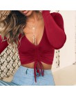 Forefair V Neck Sexy z długim rękawem Crop topy kobiety jesień Ruched koronki Up koszulka casual koszula czarne zimowe koszule d