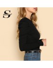 Sheinside koszulka damska Puff rękawem Slim Fit Top żebra dzianiny koszulkę Femme 2018 koszule jesienne eleganckie damskie z dłu