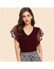 SHEIN w stylu Vintage czarny Dot kontrast Mesh rękaw, dekolt V zwykły Tee koszulka damska lato elegancki solidna z krótkim rękaw