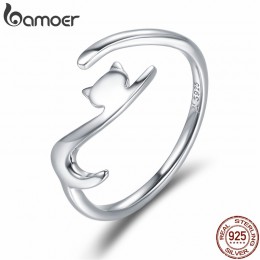 BAMOER 100% 925 Sterling Silver lepki kot z długim ogonem Ring Finger kobiety pierścień regulowany pierścionek zaręczynowy biżut