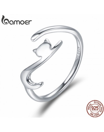 BAMOER 100% 925 Sterling Silver lepki kot z długim ogonem Ring Finger kobiety pierścień regulowany pierścionek zaręczynowy biżut