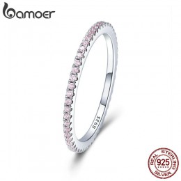 BAMOER 925 srebro różowy kryształ ślub kobiet pierścienie dla kobiet proste geometryczne pierścień srebro biżuteria SCR066