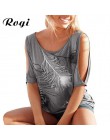 Rogi kobiet T Shirt Plus Size 2019 lato Feather drukuj Harajuku t-shirty kobiety Off ramię panie podstawowe Tee topy Blusas muje