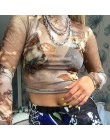 Weekeep drukuj przycięte z długim rękawem t koszula kobiety Sexy Mesh przezroczyste Crop Top 2019 lato Streetwear O-neck Bodycon