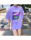 Gorące lato kobiety na co dzień T Shirt śmieszne chiński list topy kobiety Tshirt moda fioletowy Cartoon drukowane Oversize topy